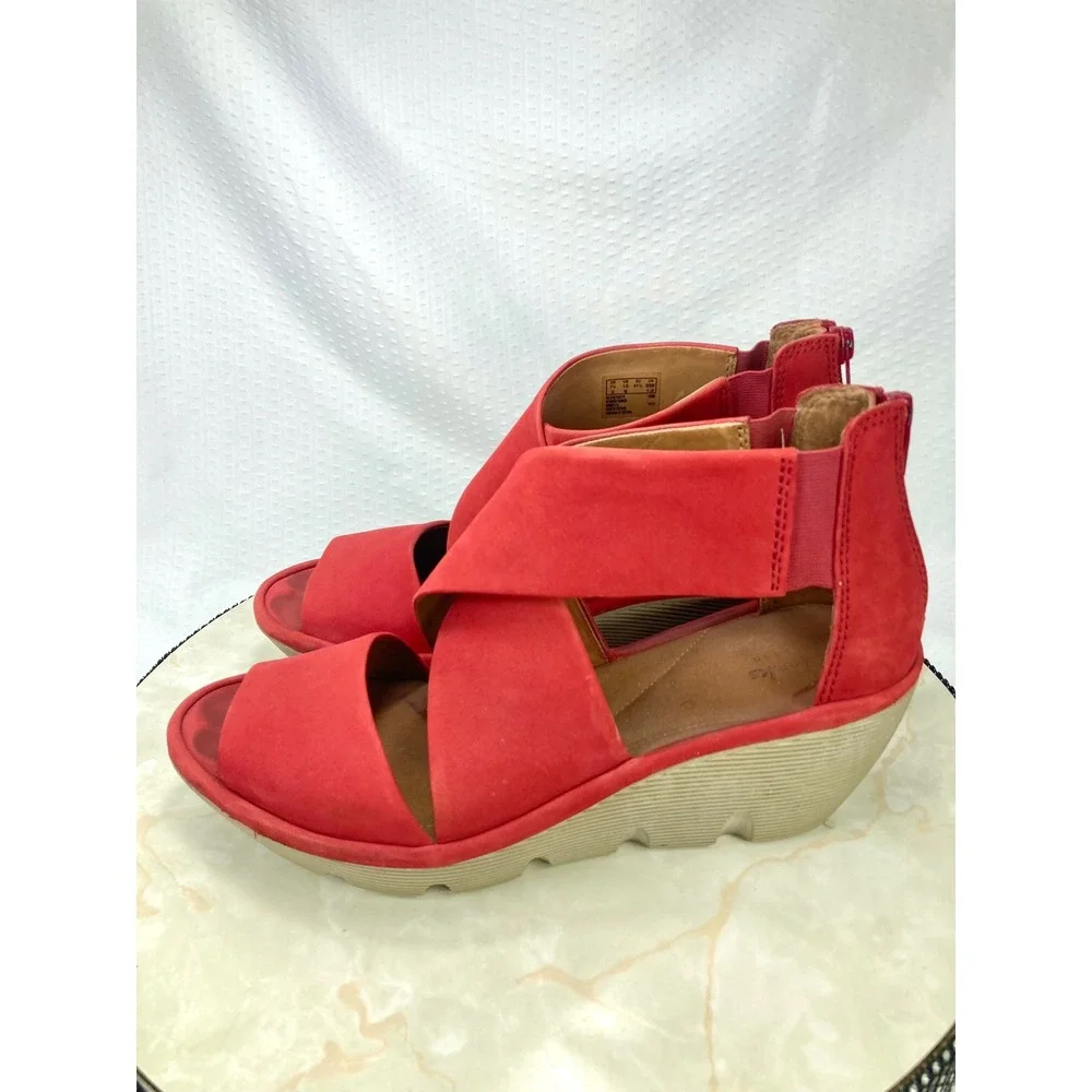 Clarks Artisan Clarene Glamor Wedge Sandals Womens 10 Red Back Zip Platform Heel